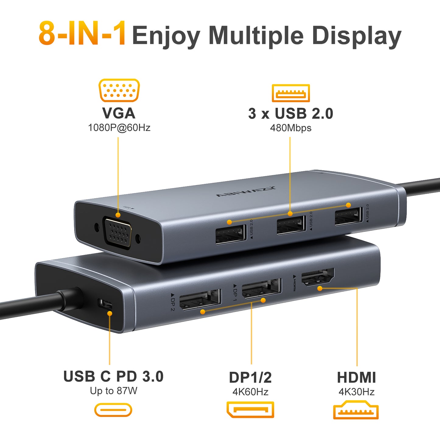 USB C Docking Station Dual DP DisplayPort Monitor for Dell HP Lenovo Laptop, 8 in 1 Quad Display USB C Hub Multiport Monitors Adapter with 4K HDMI,2 DP,VGA,PD Charging,3 USB 2.0 for MacBook,Surface