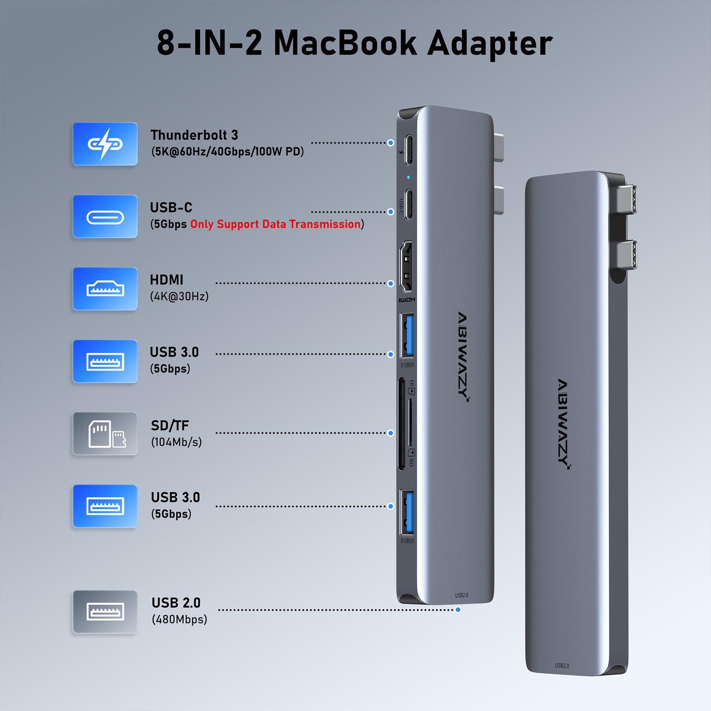 USB C Adapters for MacBook Pro 2022, MacBook Pro USB Adapter MacBook HDMI Multiport Dongle for MacBook Pro Air 2023-2018 with 4K HDMI, 2 USBB 3.0 Port, SD/TF, Thunderbolt 3 and USB C USB3.0 Data Port