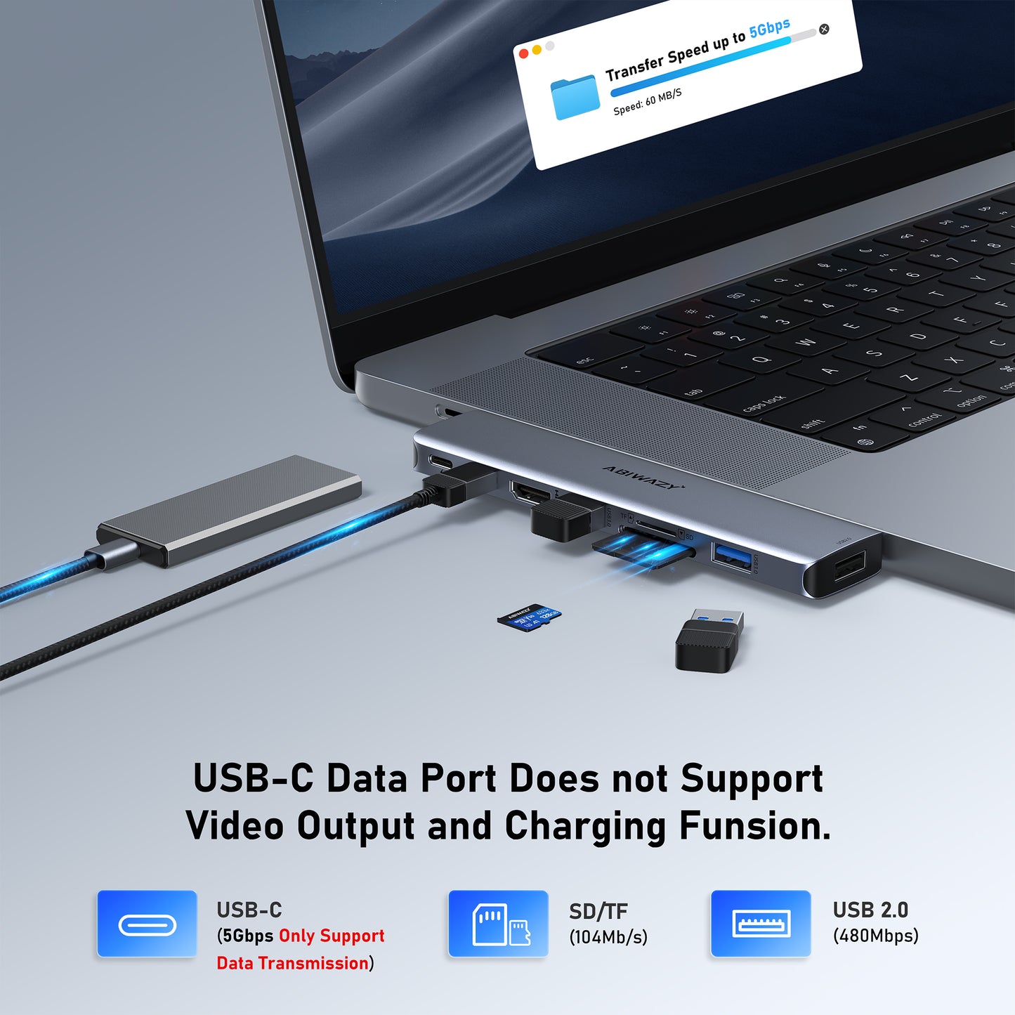 USB C Adapters for MacBook Pro 2022, MacBook Pro USB Adapter MacBook HDMI Multiport Dongle for MacBook Pro Air 2023-2018 with 4K HDMI, 2 USBB 3.0 Port, SD/TF, Thunderbolt 3 and USB C USB3.0 Data Port