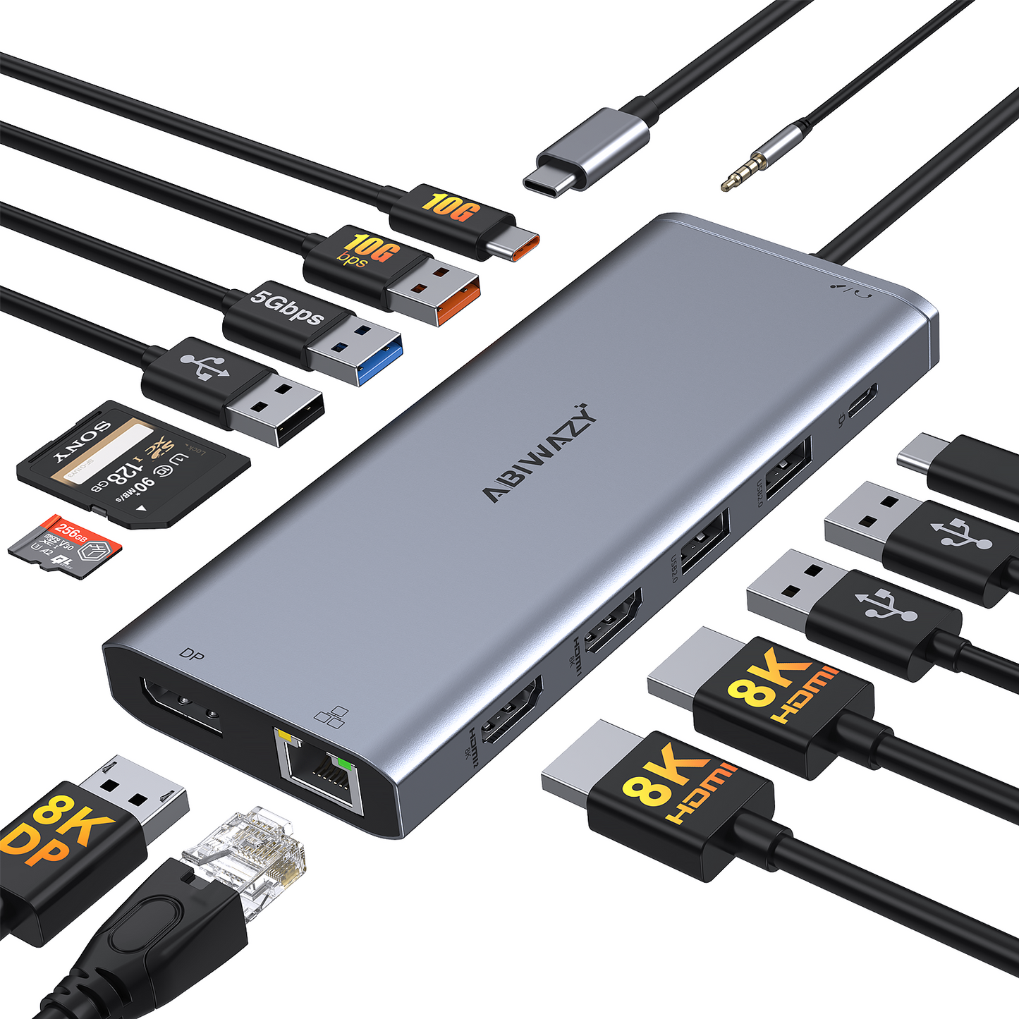 USB C Docking Station Dual Monitor for Dell/HP/Lenovo Laptop, Triple 4K Display Single 8K@30Hz/4K@120Hz,14 in 1 USB C Hub Multiple Adapter with 2 HDMI+DP+USB3.1+6 USB+RJ45+PD+SD/TF+Audio for iPhone 15